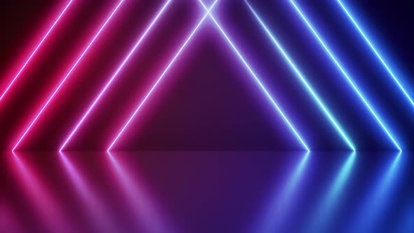 Neon Background Abstract Blue And Pink with Light Shapes triangle on colorful and reflective floor.