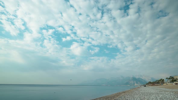 Panoramic View of Pebble Beach of Mediterranean Sea Coast in Antalya Turkey alt
