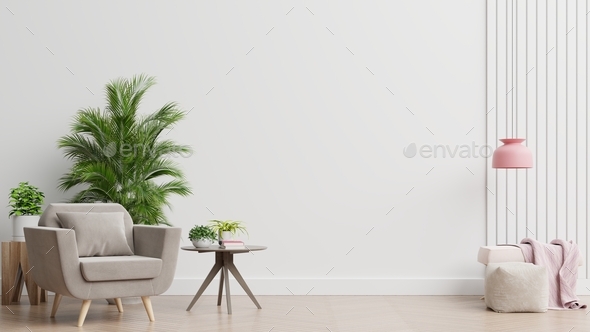 The interior has a armchair on empty white wall background. Stock Photo by  vanitjan