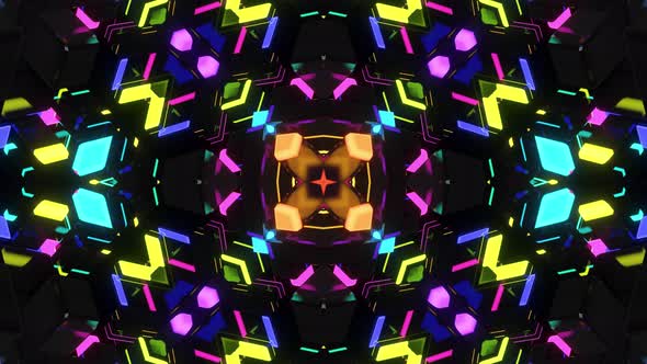 Dark Looped Bg with Abstract Symmetrical Pattern of Geometric 3d Stuff and Neon Light alt