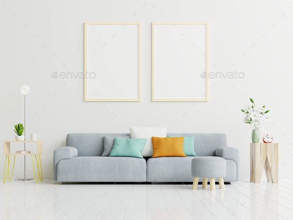 Download Poster Mockup With Vertical Frame Standing On Floor In Living Room Stock Photo By Vanitjanthra