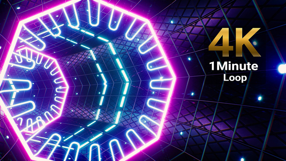 Neon Light Metal Octagon VJ Tunnel Loop 4K alt