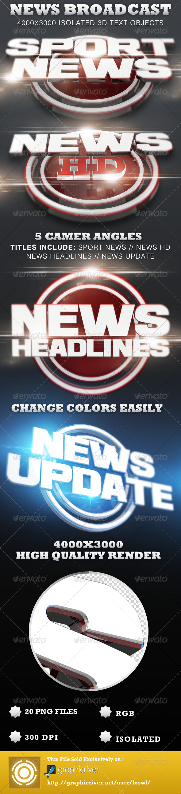 News Broadcast Isolated 3D Text Titles - Text 3D Renders