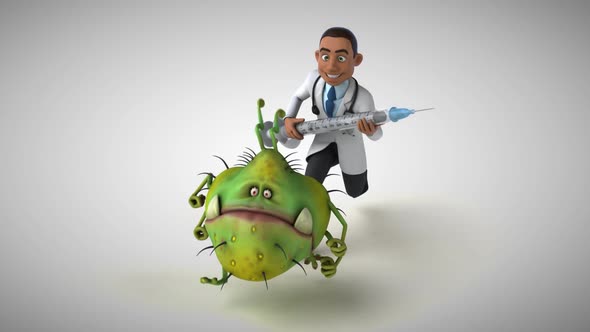 3D Animation of a fun doctor chasing a virus with a vaccine alt