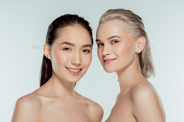 Beautiful Naked Multicultural Girls Isolated On Grey Natural Beauty Stock Photo By