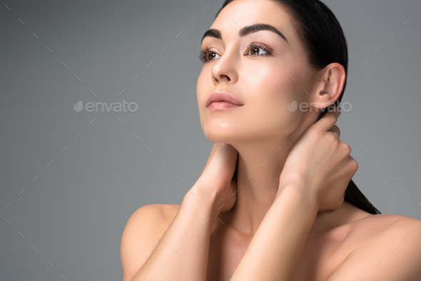 Beautiful Sensual Naked Brunette Girl Looking Away Isolated On Grey Stock Photo By Lightfieldstudios