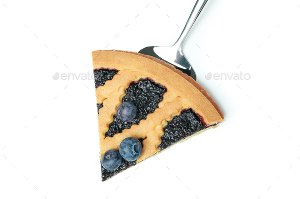 Cake spatula with piece of blueberry pie isolated on white background
