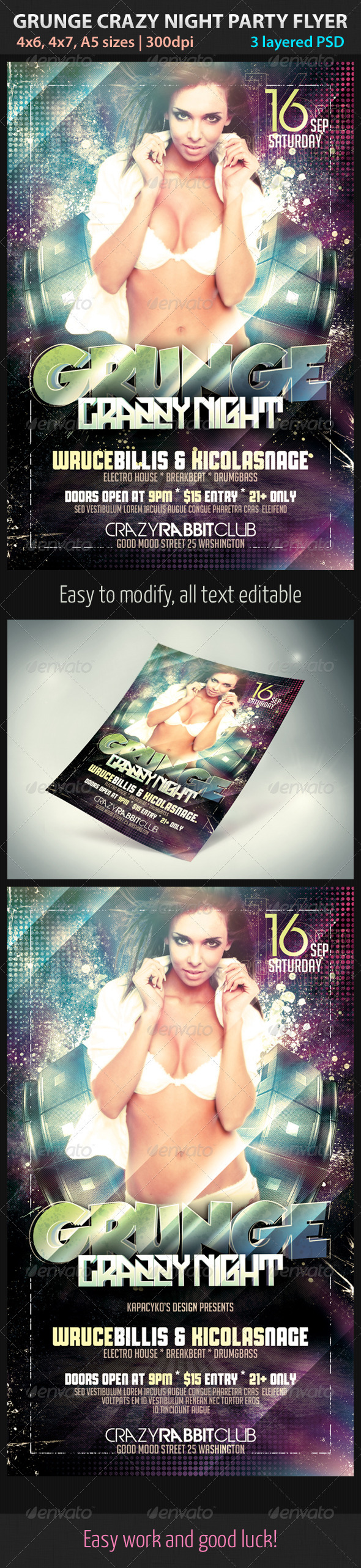 Grunge Crazy Night Party Flyer - Clubs & Parties Events
