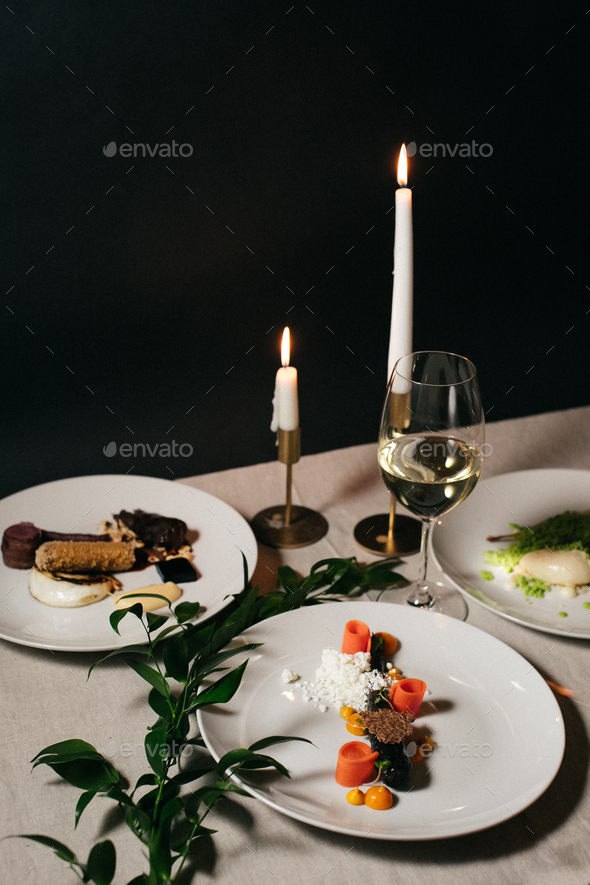 Delicious cooked vegetables. Dill snow. Michelin star food on gourmet French restaurant - Stock Photo - Images