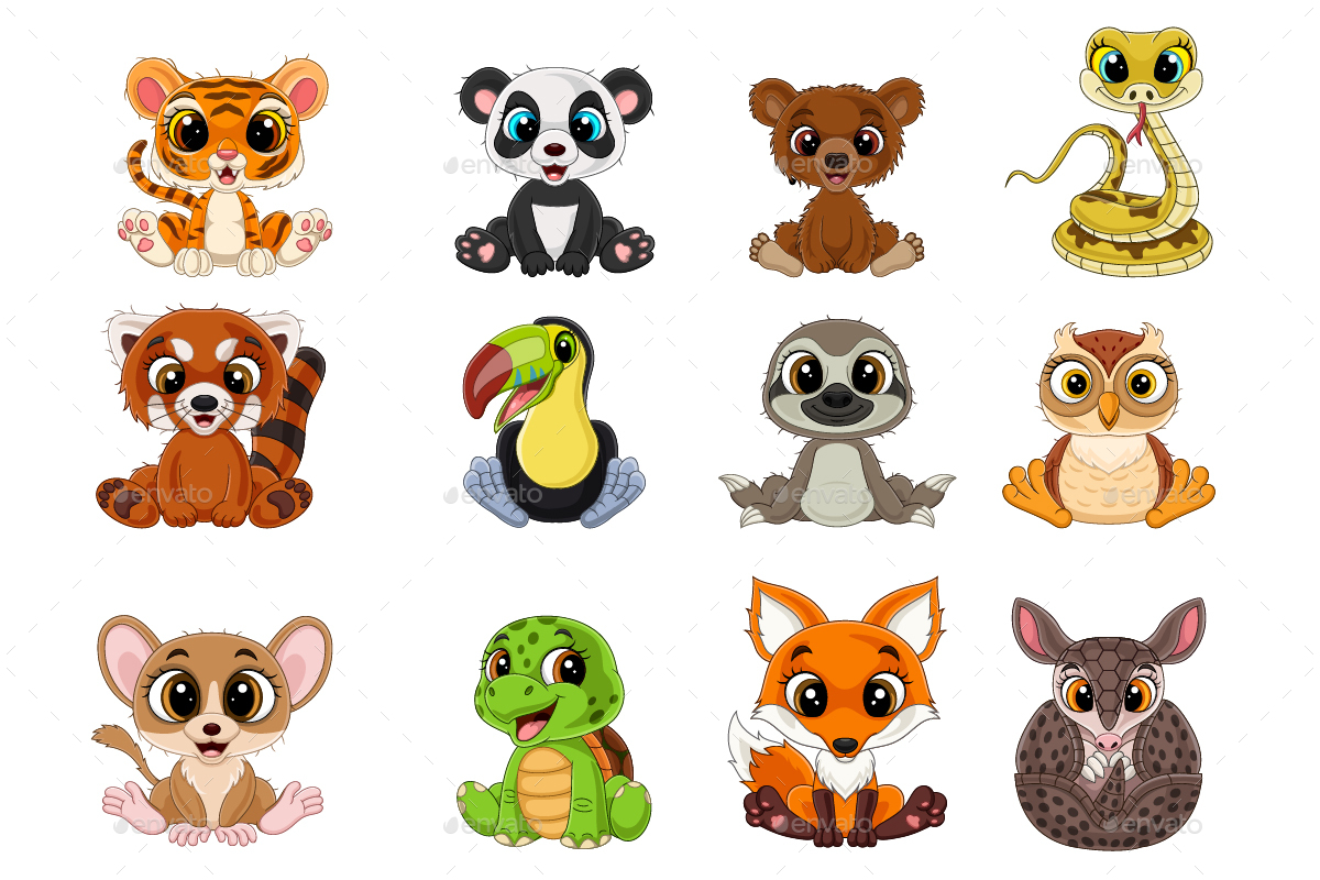 Set of Twelve Cartoon Little Animal Collection, Vectors | GraphicRiver