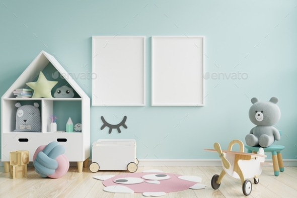Download Mock Up Poster Frame In Children Room Kids Room Nursery Mockup Blue Wall Stock Photo By Vanitjanthra
