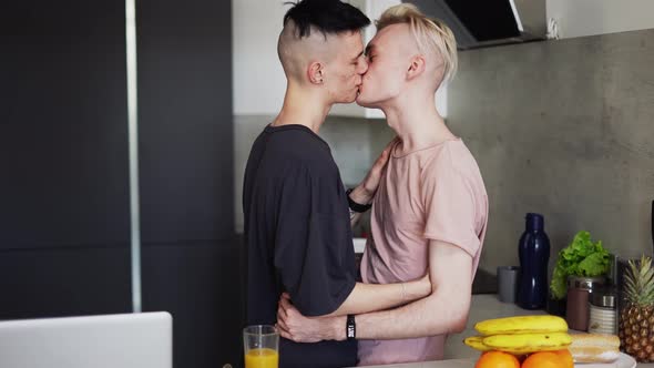 Gay Male Couple Hugging and Kissing in Kitchen Sensually alt