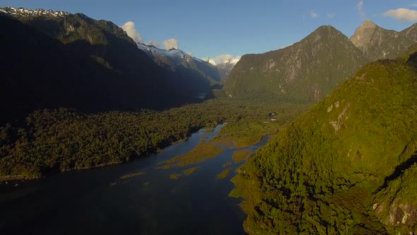 Scenic aerial view of mountains and fjord in Patagonia, Chile alt