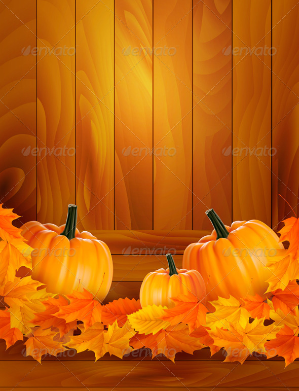 Pumpkins on wooden background with leaves Autumn - Seasons/Holidays Conceptual