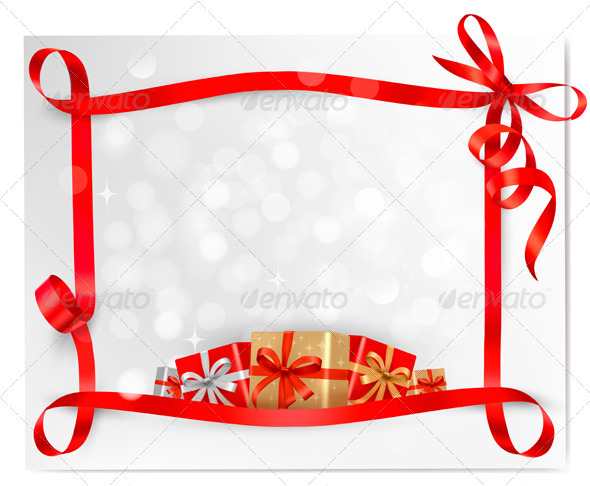 Holiday background with red gift bow with gift box - Christmas Seasons/Holidays
