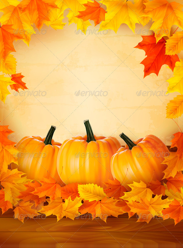 Pumpkins on wooden background with leaves Autumn b - Seasons Nature