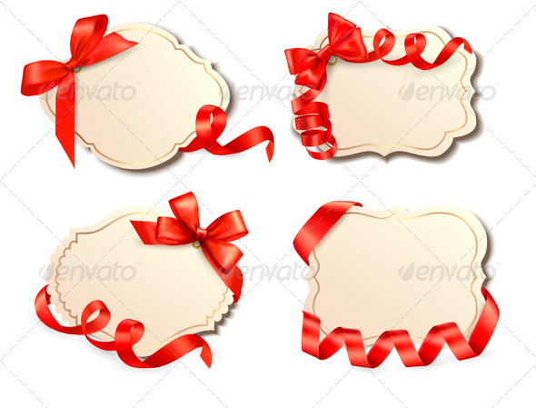 Set of old cards with red gift bows with ribbons - Borders Decorative
