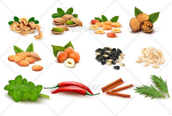 Big set of ripe nuts and seeds and spices - Food Objects