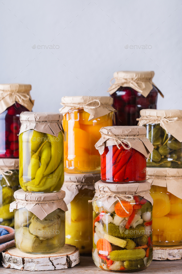 Homemade preserved, fermented food, pickled, marinated vegetables