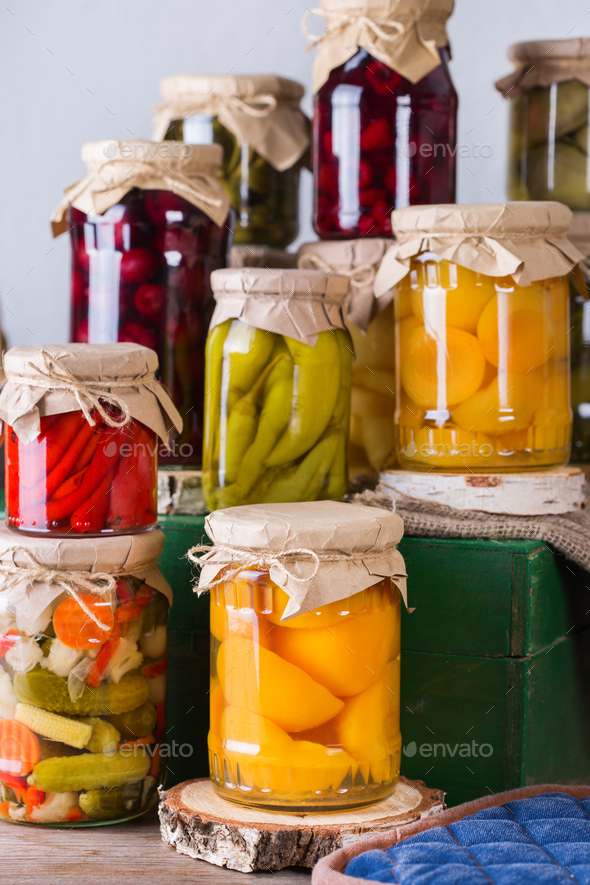 Homemade preserved, fermented food, pickled, marinated vegetables