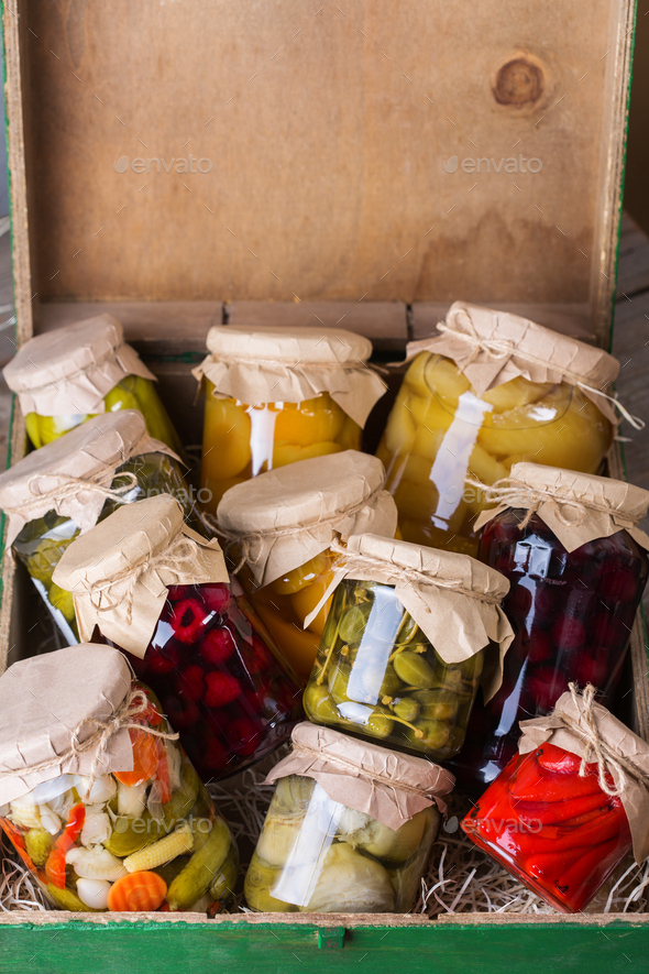 Homemade preserved, fermented food, pickled, marinated vegetables
