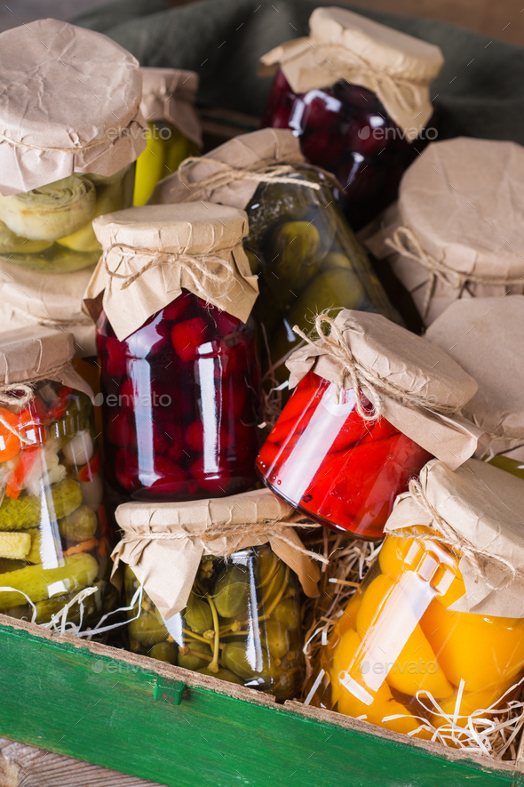 Homemade preserved, fermented food, pickled, marinated vegetables
