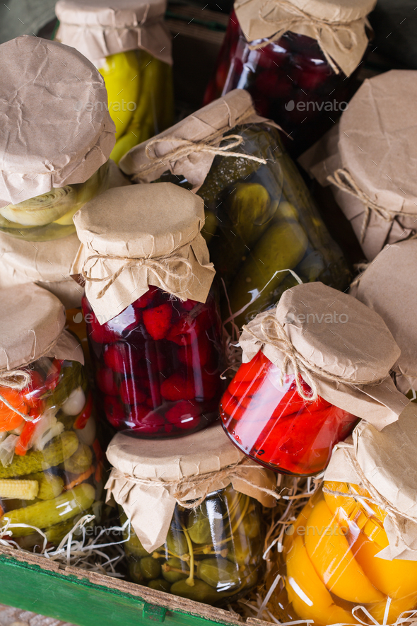 Homemade preserved, fermented food, pickled, marinated vegetables