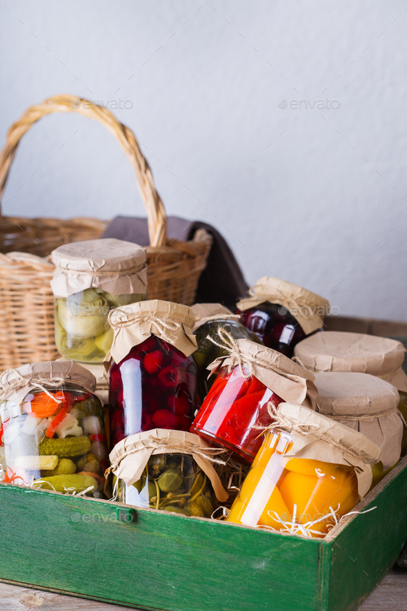 Homemade preserved, fermented food, pickled, marinated vegetables