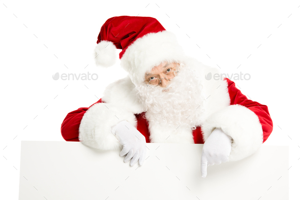 3D Christmas white . Santa Claus pointing with one hand to Stock