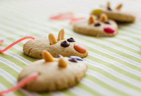 Cookies with mouse shaped and red licorice tail