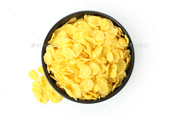 Bowl of corn flakes isolated on white background Stock Photo by ...