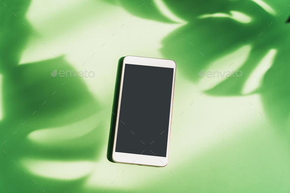 Empty screen smart phone with shadow of tropical green leave on color background