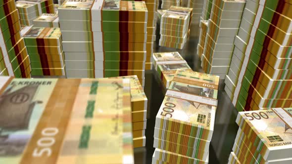 3d flight over the Norwegian Krone money banknote packs loop alt