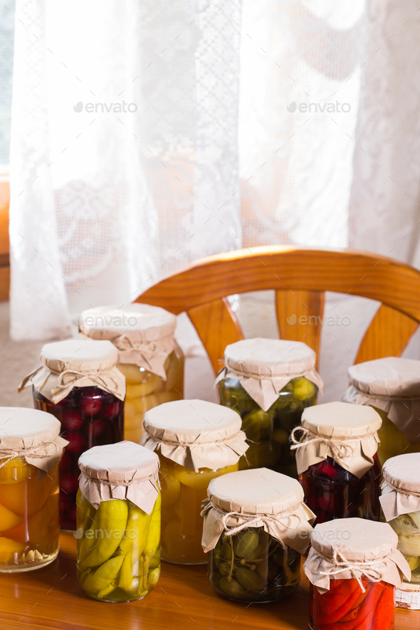 Homemade preserved, fermented food, pickled, marinated vegetables