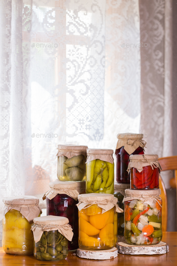 Homemade preserved, fermented food, pickled, marinated vegetables