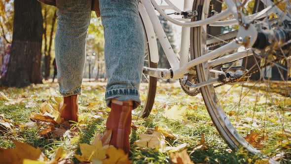 Legs of Unknown Female Walking Rolling Bicycle By Green Grass Covered with Yellow Leaves alt