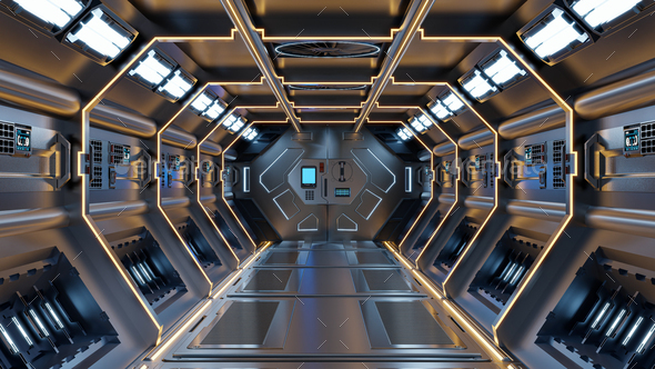 Science background fiction interior rendering sci-fi spaceship corridors  yellow light. Stock Photo by vanitjan