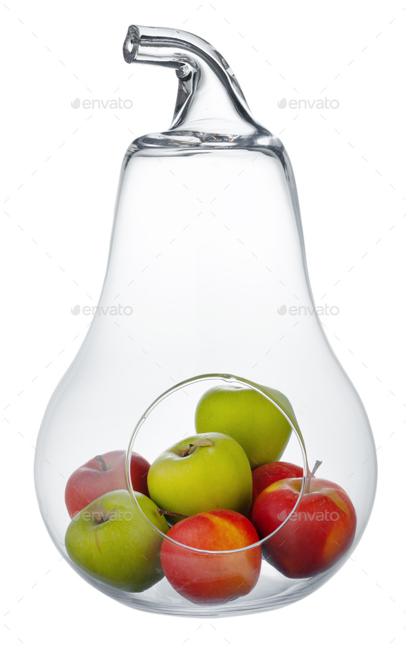 Glass pearshaped fruit bowl isolated on white Stock Photo by FabrikaPhoto