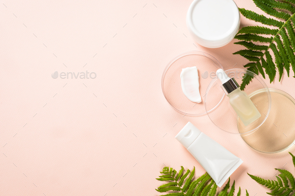 Glass petri dish with cosmetic products and green plants - Stock Photo - Images