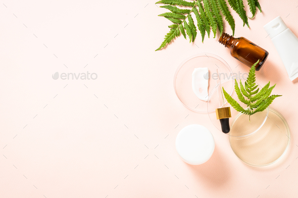 Glass petri dish with cosmetic products and green plants - Stock Photo - Images