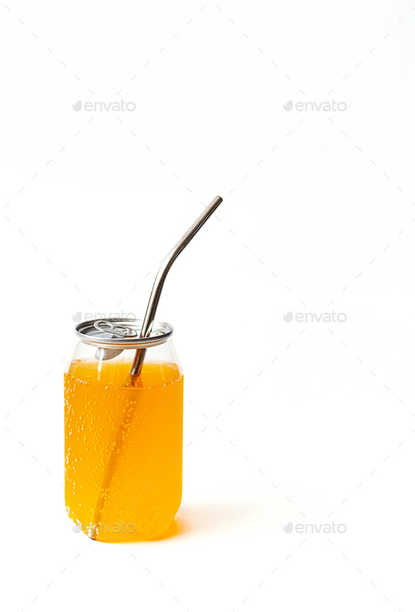Transparent Tin with Fizzy Pop Drink. Can of Carbonated Citrus Beverage, with Reusable Metal Straw.