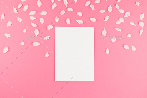 Flat lay of white postcard mock up with petals