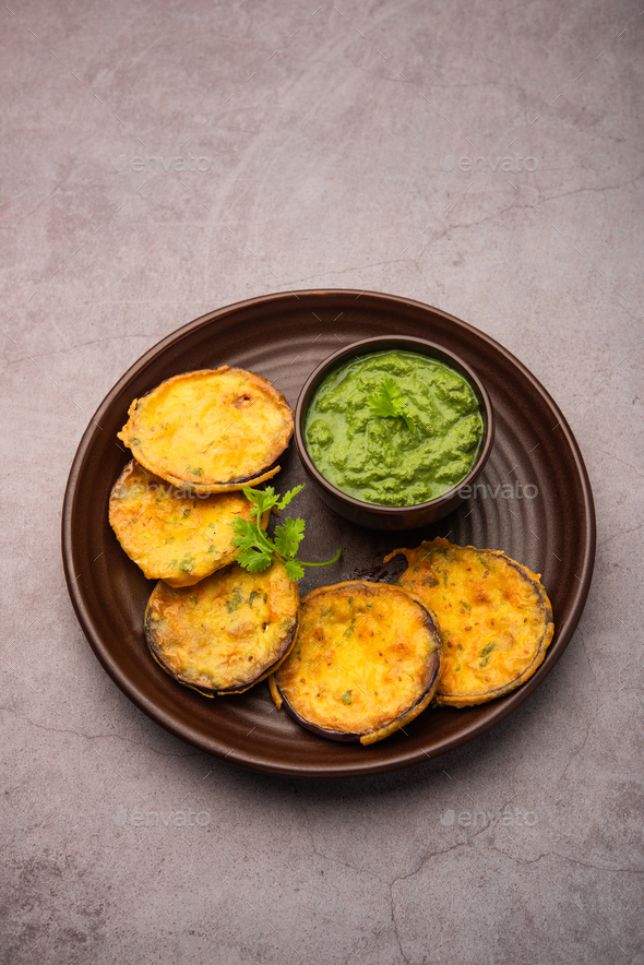 Tasty Brinjal Pakora or crispy eggplant fritters, Indian tea time snack