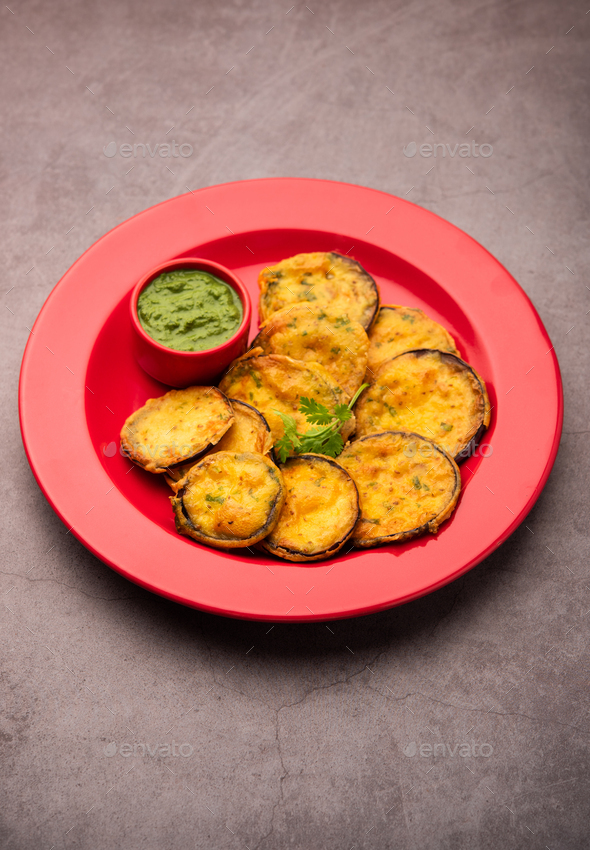 Tasty Brinjal Pakora or crispy eggplant fritters, Indian tea time snack
