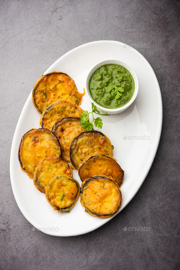 Tasty Brinjal Pakora or crispy eggplant fritters, Indian tea time snack