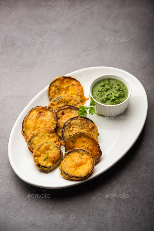 Tasty Brinjal Pakora or crispy eggplant fritters, Indian tea time snack