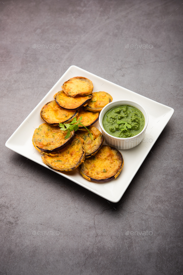 Tasty Brinjal Pakora or crispy eggplant fritters, Indian tea time snack