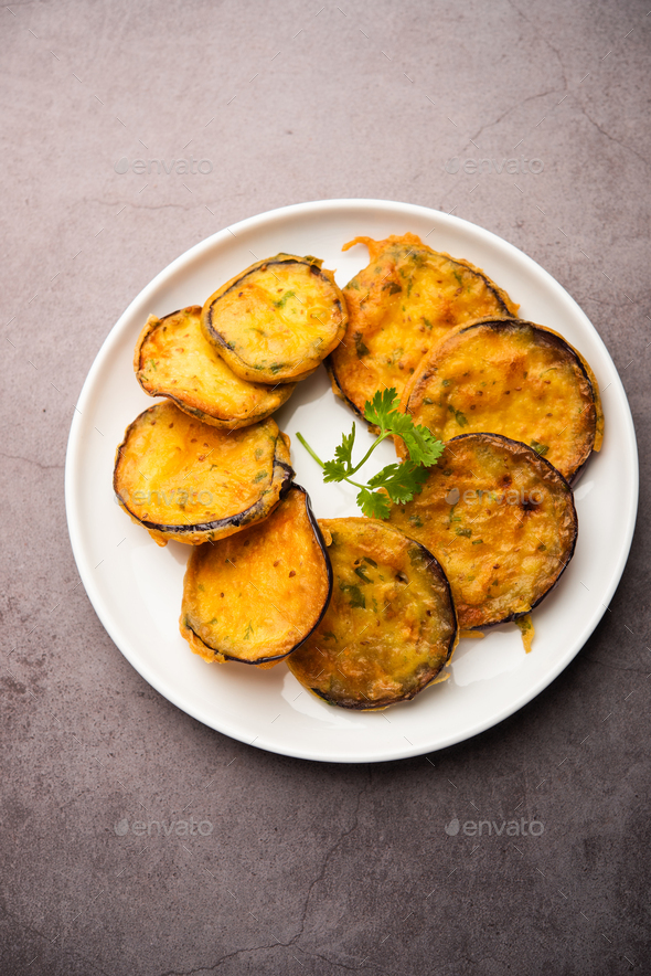 Tasty Brinjal Pakora or crispy eggplant fritters, Indian tea time snack