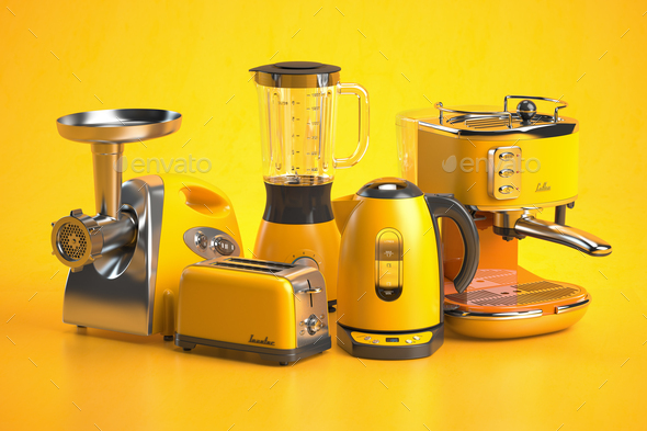 Electric kettle, coffee machine and toaster on kitchen counter near yellow  wall Stock Photo