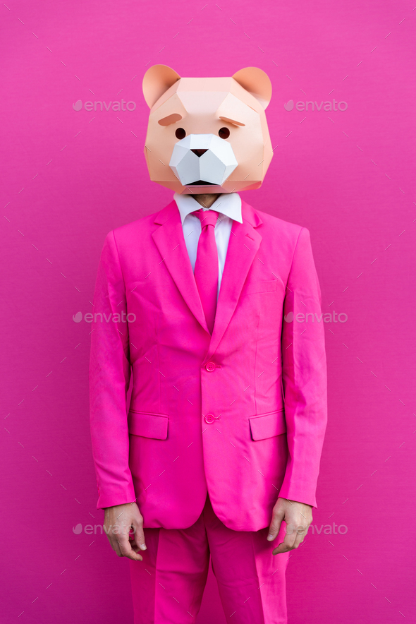 Man with funny low poly mask on colored background Stock Photo by ...